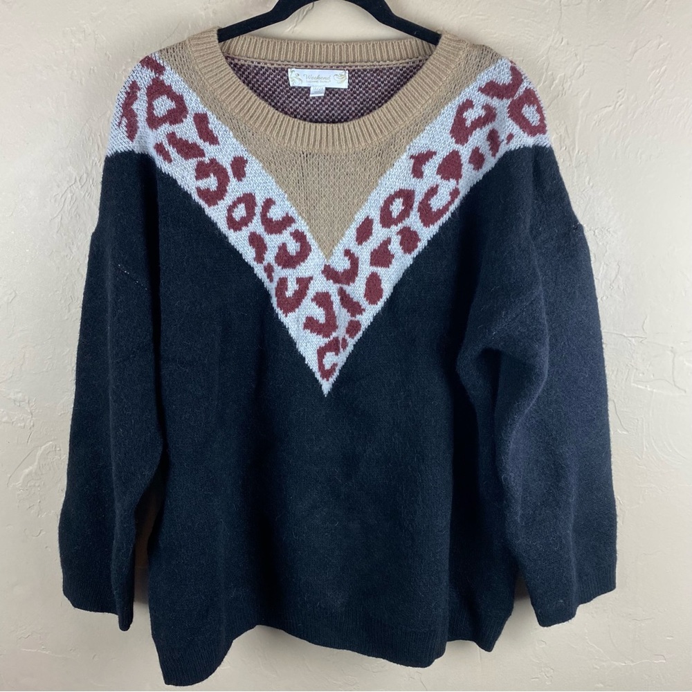 Weekend Suzanne Betro Black Tan Animal Print Sweater Size 1X 2X